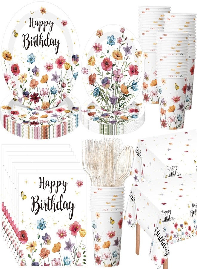 Pickmesh 194 Pcs Wildflower Birthday Party Decorations Spring Floral Tableware Set for 24 Guests Wildflower Birthday Paper Plates and Napkins Cups Tablecloth Cutlery for Women Flower Party Supplies - Image 1